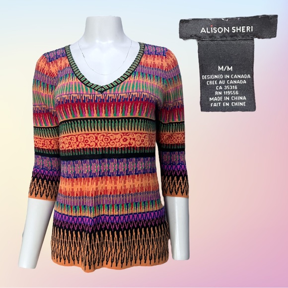 ALISON SHERI Multi Color Multi Pattern Soft 3/4 Sleeve Blouse Sweater Sz M - Picture 1 of 8